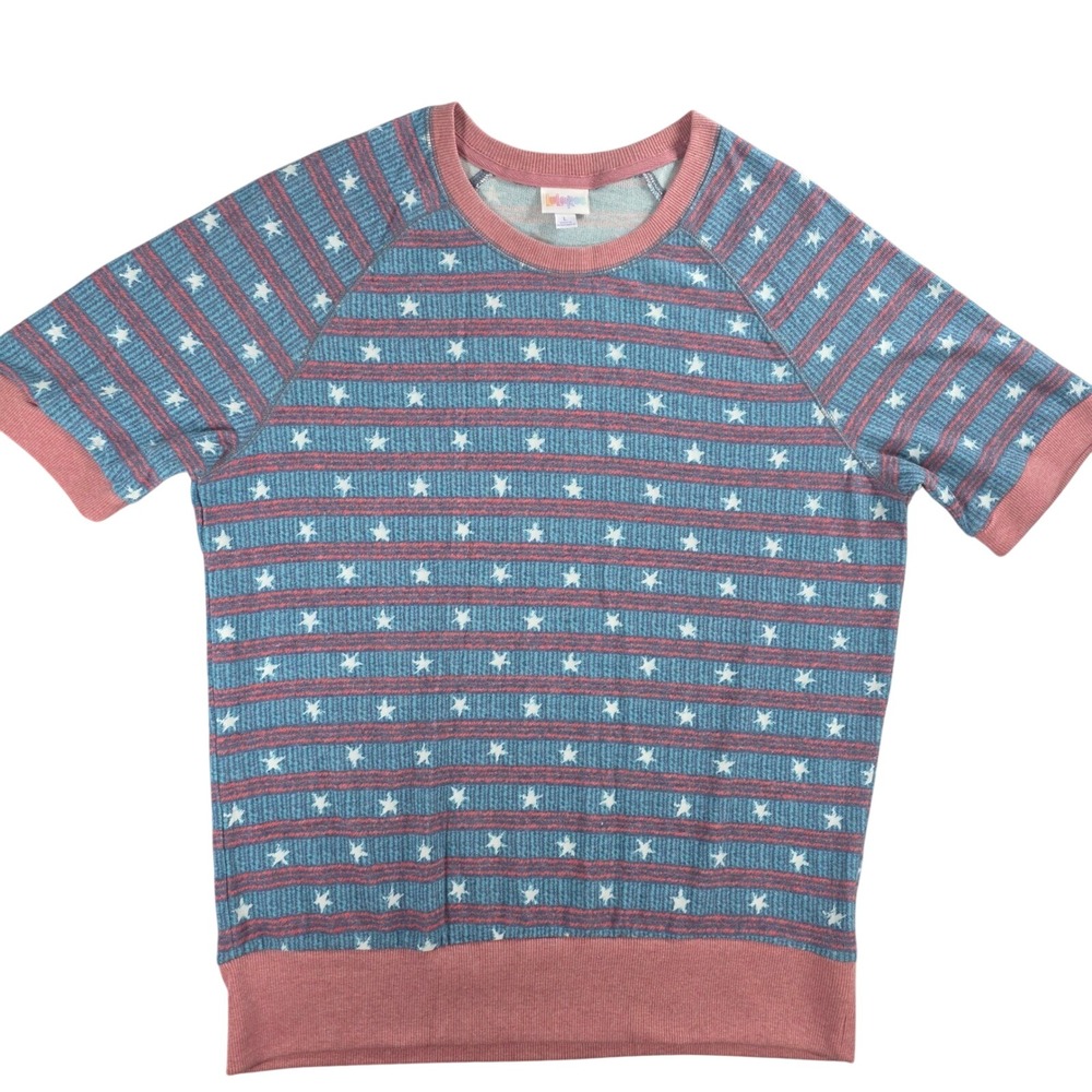 LuLaRoe Women Large Blue Red Star Jane Stripe Short Sleeve Sweatshirt Americana